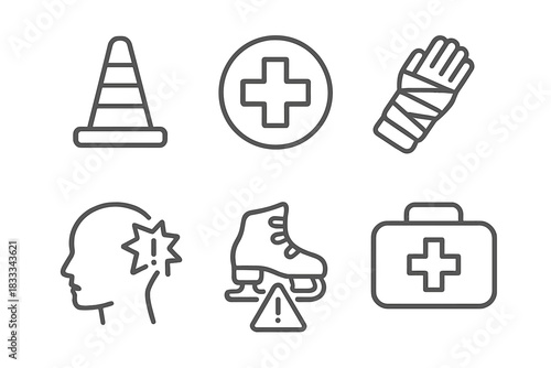Safety and Injury Icons. Line style icons of safety and injury icons: caution cone on track, medical cross sign, wrist injury band