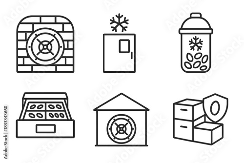 Seed Vault Icons. Line style icons of Seed Bank Vaults: underground vault door, temperature-controlled room, cryogenic seed