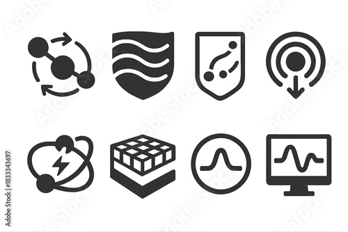 Scientific Simulation Icons. Solid style icons of scientific simulations: molecule spin icon, fluid dynamics badge, particle trail