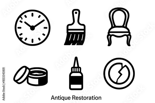 Antique Restoration Icons. Line style icons of Antique Restoration: old clock, restoration brush, wood polish, antique chair, glue