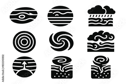 Gas Giant Weather Icons. Solid style icons of gas giant weather: great red storm, layered cyclone bands, endless squalls. Polar