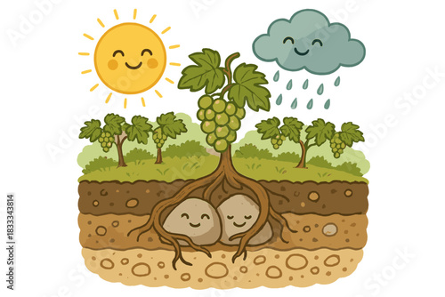Smiling Nature's Embrace. Terroir scene with cheerful soil layers, roots hugging rocks, and sun and rain smiling as they nurture