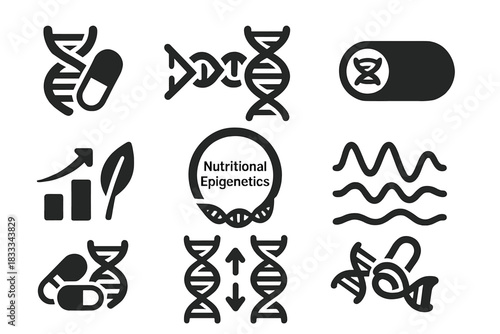 Nutrient-Gene Icons. Solid style icons of nutrient-gene expression: vitamin-DNA icon, protein code activation, gene-switch symbol.