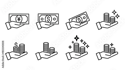 Illustrative hands offering money, featuring yen, dollars, and coin stacks, symbolizing financial prosperity, wealth accumulation, and investment opportunities