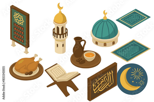 Isometric Islamic Elements. Isometric vector illustration set of Islamic: prayer schedule board, minaret with moon, mosque rooftop