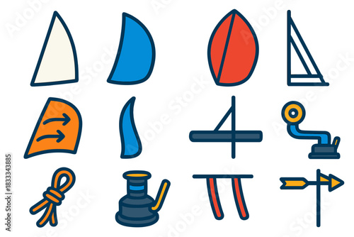 Sailing Icons. Flat vector icons of how sails generate lift: mainsail, jib sail, spinnaker, airflow arrows on sail, curved sail