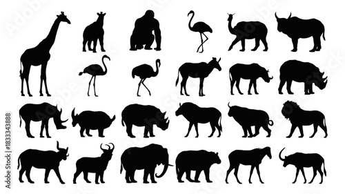 Majestic African wildlife silhouettes roam freely in this timeless collection, perfect for educational resources, branding, and conservation campaigns