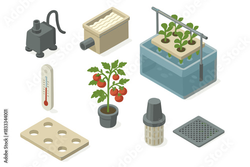 Aquaponics System Overview. Isometric vector illustration set of Aquaponics systems: water circulation pump, fish waste collector,