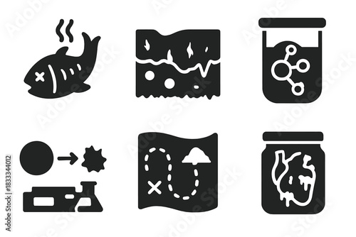 Necrobiotic Study Icons. Solid style icons of necrobiotic studies: decaying organism icon, tissue degradation symbol, autophagy +