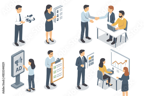 Isometric Business Scene. Isometric vector illustration set of Business People: startup founder with prototype, recruiter with