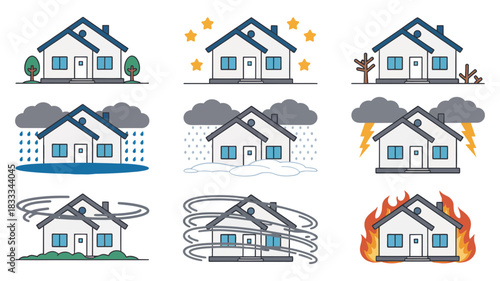 Protect Your Home: Home Insurance Icons Showcasing Damage from Storms, Fire, Wind, and Water with a House