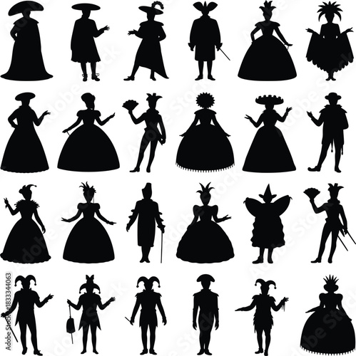 Collection of silhouetted figures in historical and fantasy costumes