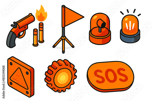 Emergency Signal Icons. Isometric vector illustration set Disaster preparedness – flare gun, signal flares, tripod signal pole;