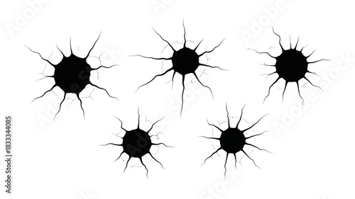 Dynamic cracked hole designs for creative projects, providing a dramatic touch. Perfect for edgy, modern designs. Originally scalable vector graphics.