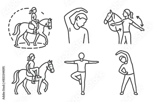 Warm-Up Routine Icons. Line style icons of warm-up routines: horse walking circle, neck stretches icon, arm swings before ride,