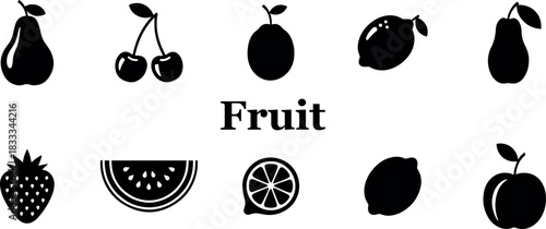 Collection of Fruit icon set design featuring various fruits like apples bananas and berries on transparent background