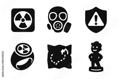 Fallout Collectible Icons. Solid style icons of fallout-themed collectibles: zone token glyph, gas mask toy icon, hazard badge.