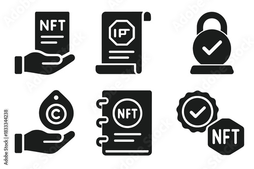 NFT Legal Icons. Solid style icons of legal and licensing for NFT acts: contract gesture icon, token rights scroll, IP claim slab.