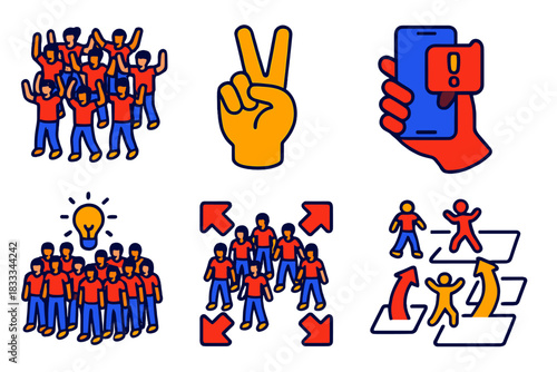 Flash Mob Dynamics. Isometric vector illustration set Social coordination in flash mobs: synchronized participants, hand gesture