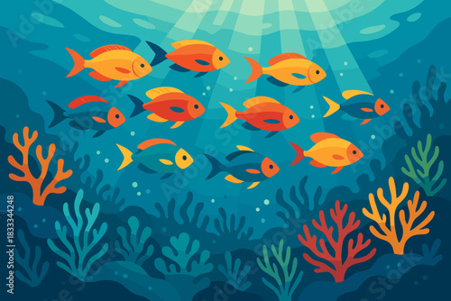 Colorful Coral Fish. Colorful school of fish swimming in vibrant coral reef waters, illuminated by soft sunlight, serene and