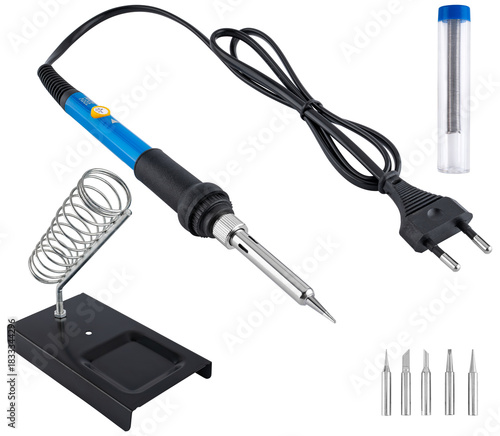 Fotografi Temperature-controlled soldering iron with solder and soldering iron stand, on a