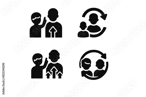 Reverse Mentorship Icons. Solid style icons of reverse mentorship: younger person guiding older icon, role reversal badge, age