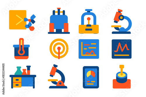 Magnetochemistry Icon Set. Flat vector icons of characterization techniques in magnetochemistry: X-ray diffraction, NMR