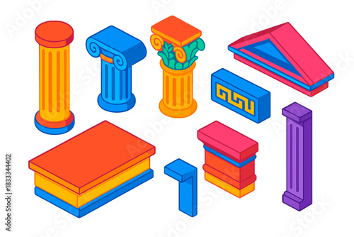Colorful Classical Architecture. Isometric vector illustration set Decorative orders – Doric column, Ionic capital, Corinthian