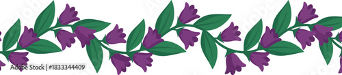 Elegant floral pattern featuring vibrant purple bell-shaped flowers with lush green leaves on a transparent background designed for seamless