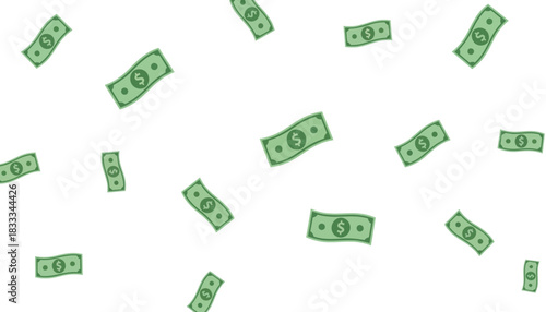 Illustration of Dollar Bills Falling Against Transparent Background in Dynamic Money Scene
