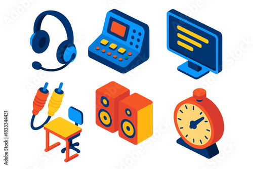 Language Lab Icon Set. Isometric vector illustration set Language learning – language lab headset, mic boom, control console;