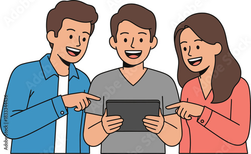 Group of three friends sharing a joyful moment looking at a tablet with expressive gestures and smiles on their faces on a dark background with