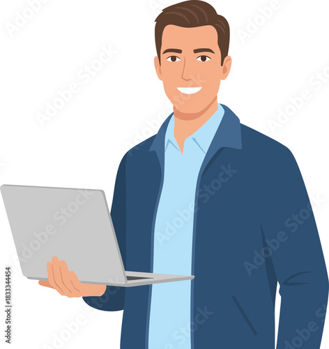 modern professional man holding a laptop smiling friendly portrait image with transparent background showcasing workplace and technology vibe