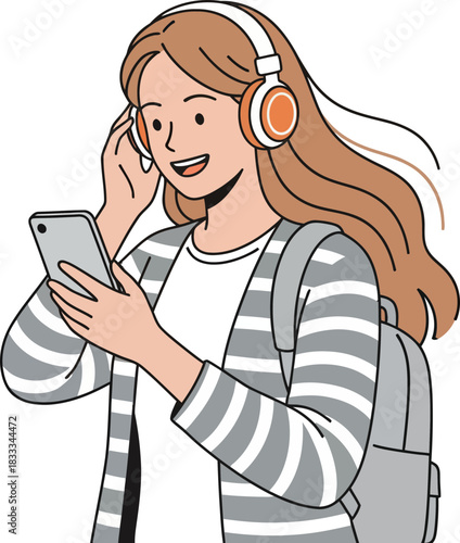 Joyful young woman enjoying music through wireless headphones while using her smartphone outdoor in casual attire with backpack minimal 50