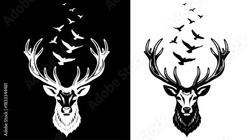 Minimal Black Deer and Birds Silhouette Art, deer silhouette, antler art, minimalist deer, black and white illustration, deer head logo, animal stencil, graphic deer design, bold antlers, png deer, 