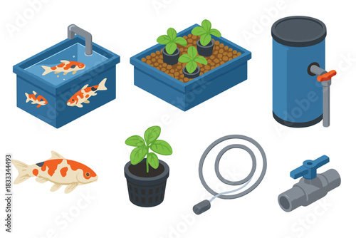 Aquaponics System Illustration. Isometric vector illustration set of Aquaponics systems: grow media bed, filtration barrel, water