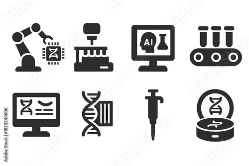 Laboratory Automation Icons. Solid style icons of laboratory automation: robotic arm with DNA chip, automated sample loader,