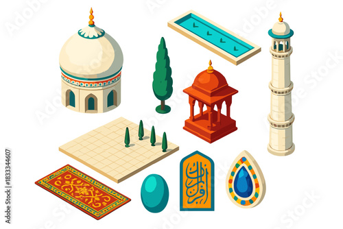 Taj Mahal Monuments. Isometric vector illustration set Historical monuments – Taj Mahal dome, minaret tower, reflecting pool;