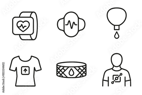 Wearable Health Sensor Icons. Line style icons of wearable health sensors: heart rate sleeve, breathing sensor patch,