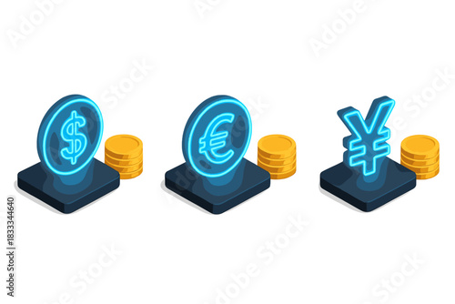 Currency Symbol Trio. Isometric vector illustration set Currency and coins – currency symbol trio: $, €, ¥; symbol signs on plates
