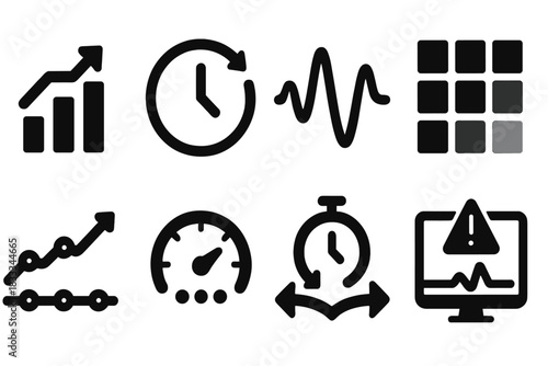 Network Latency Icons. Solid style icons of network latency analysis: packet delay chart, round-trip time icon, jitter wave.