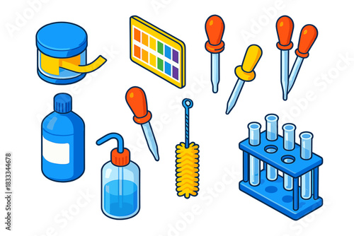 Science Lab Tools. Isometric vector illustration set Science lab equipment – pH indicator paper, test strip dispenser, sample