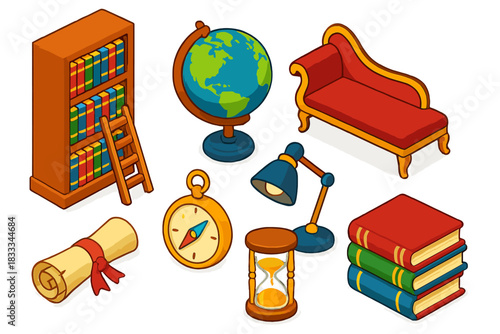 Classic Literature Icons. Isometric vector illustration set Classic literature – antique bookshelf, ladder, stack of volumes;