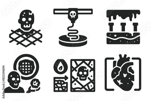 Synthetic Organ Decay. Solid style icons of tissue engineering in decay: scaffold with zombie cell, 3D bio-printing icon, decayed