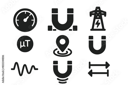 Magnetic Strength Icons. Solid style icons of magnetic strength levels: intensity dial, low-medium-high bar, power grid.