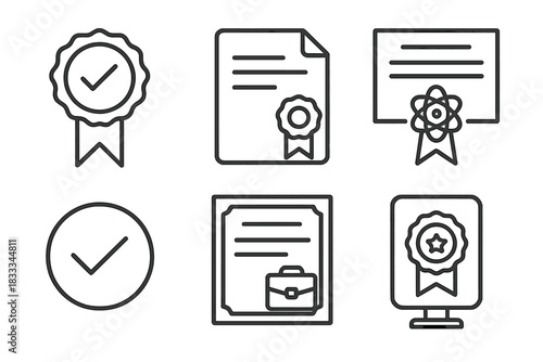 CBE Certification Icons. Line style icons of CBE certification and recognition: accredited badge, official transcript file,