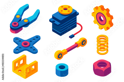 Robotics Kits Essentials. Isometric vector illustration set Robotics kits – gripper fingers, wrist servo, rotation gear; servo