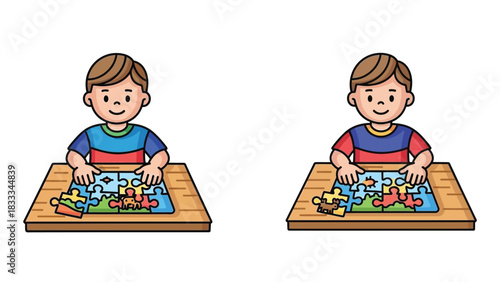 Two cartoon boys sitting at desk assembling jigsaw puzzle pieces table in comparison or matching game illustration