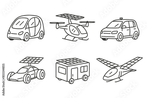 Futuristic Solar Mobility Concepts. Line style icons of future solar mobility concepts: autonomous solar pod, solar air taxi