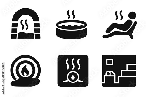 Geothermal Cave Icons. Solid style icons of geothermal cave saunas: steam cave glyph, hot pool icon, relaxation badge. Thermal